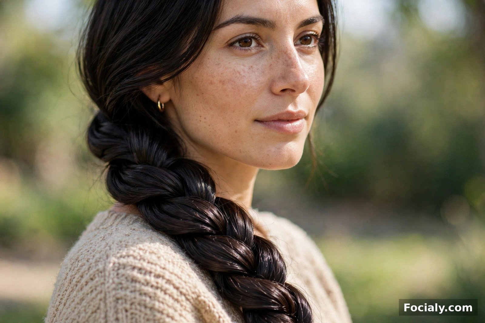 A sleek rope twist braid draped over the shoulder on dark hair