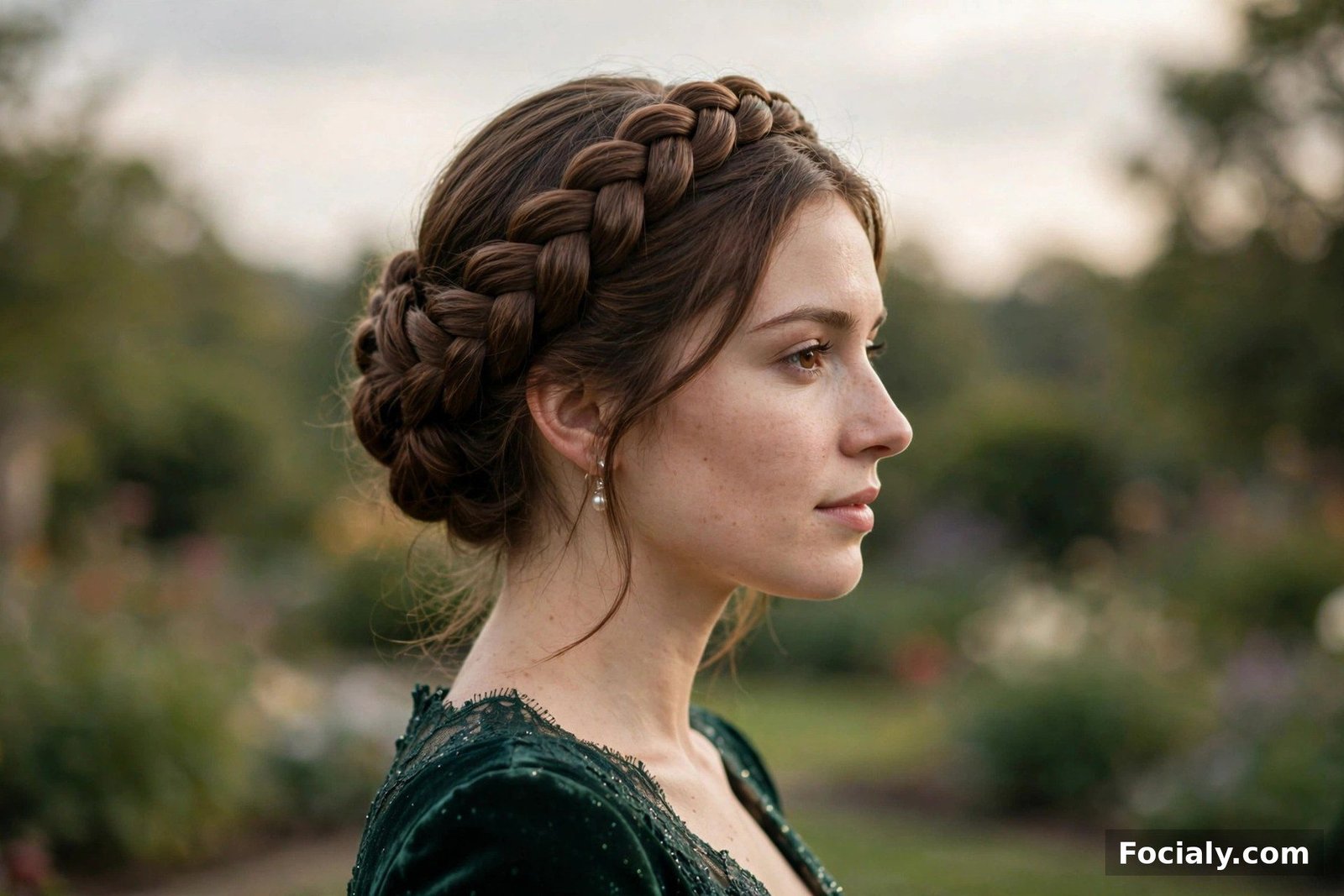 An elegant braided halo encircling the head in a formal updo, side view