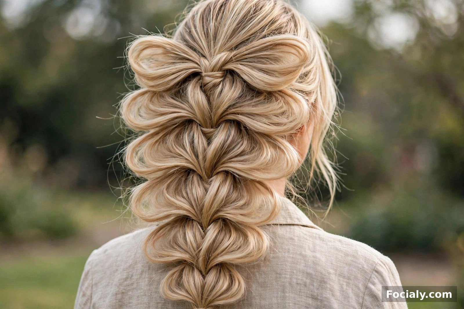 A voluminous butterfly pull-through braid on blonde hair, back view