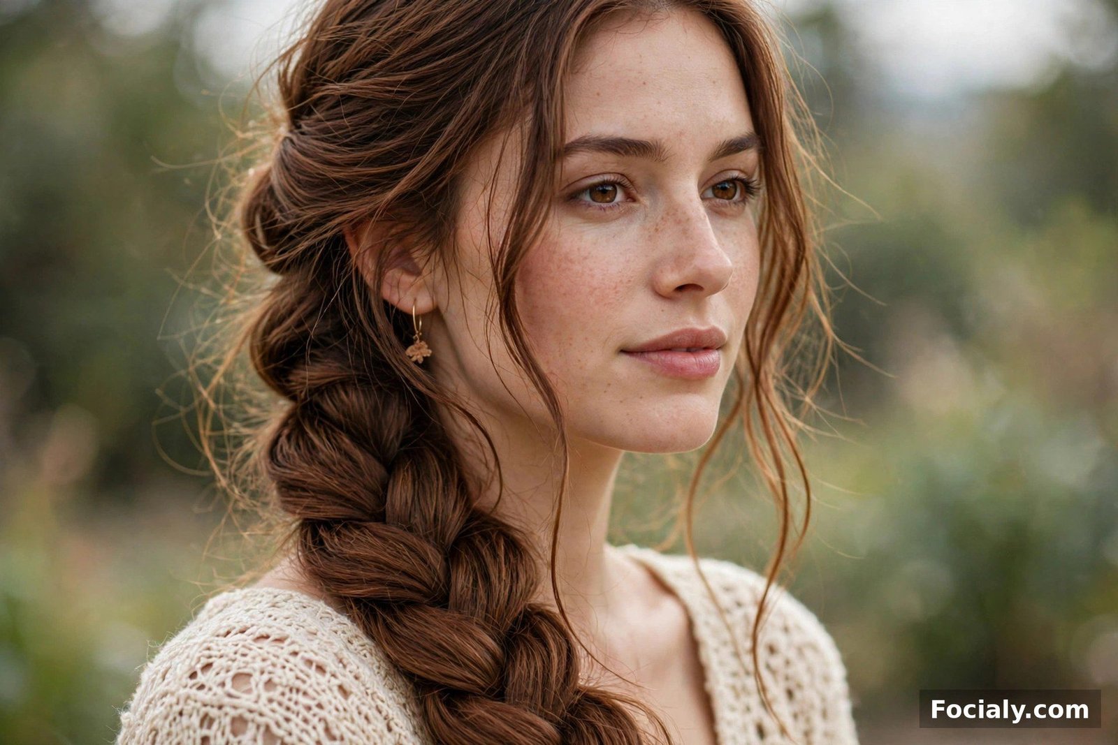 A thick three-strand braid swept over one shoulder on chestnut hair