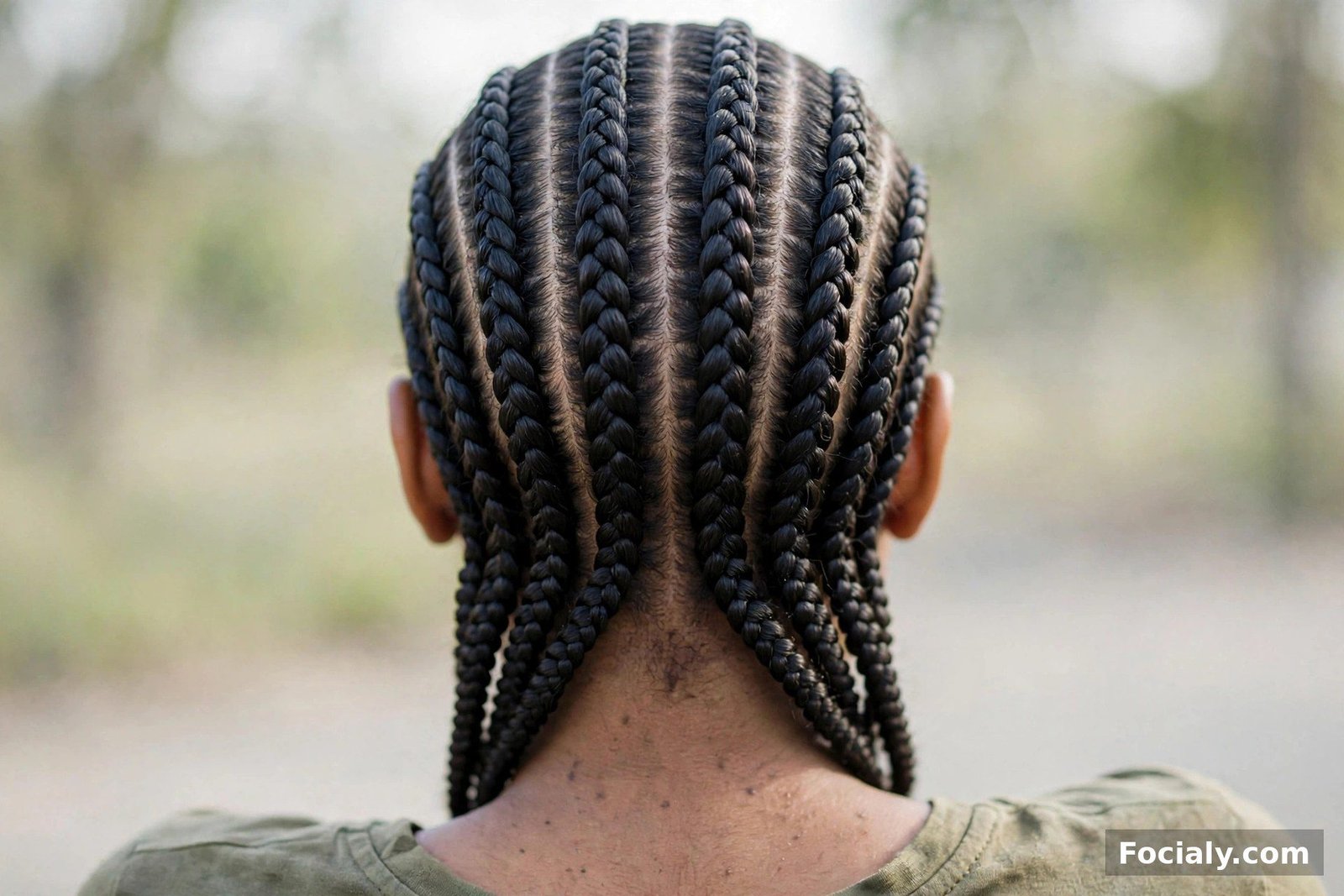 Neat feed-in cornrows running straight back on natural hair, back view