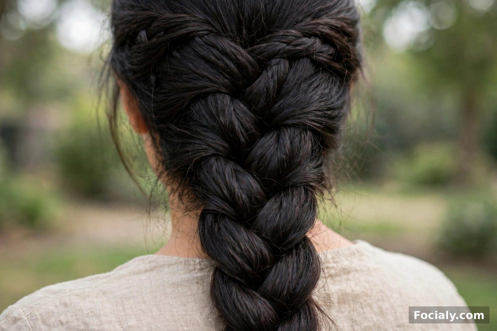 A detailed four-strand braid on dark hair showing the woven basket pattern, back view