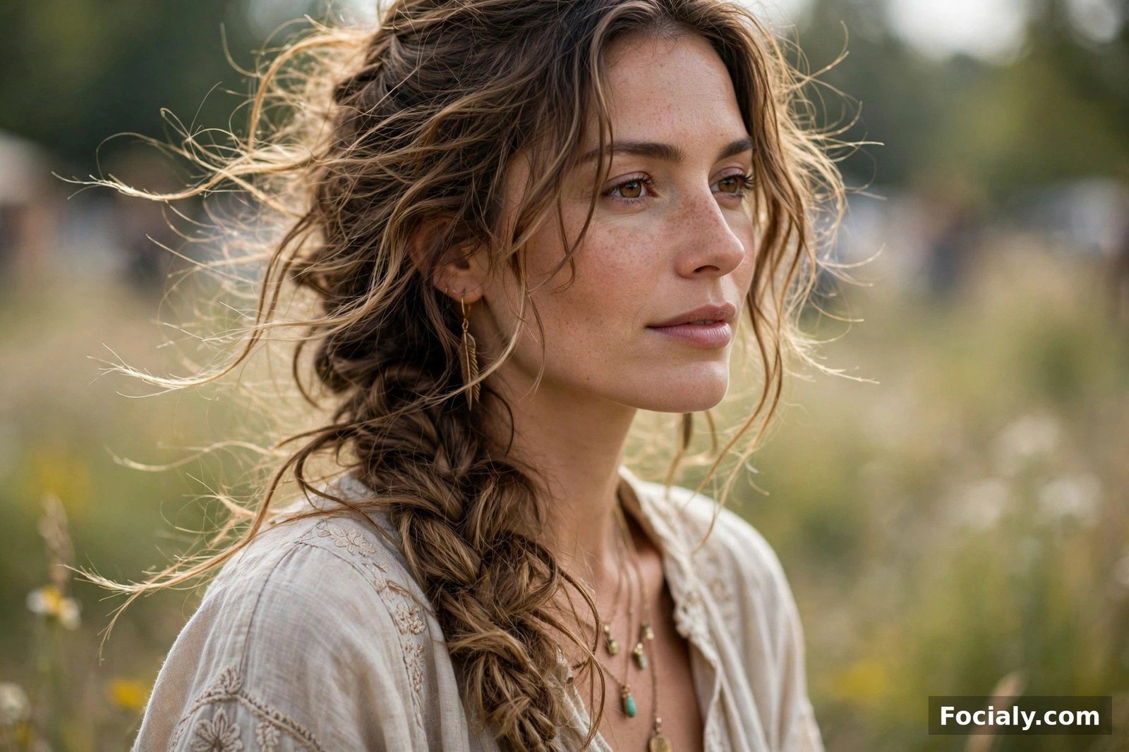 A loose undone fishtail braid with face-framing pieces on wavy hair