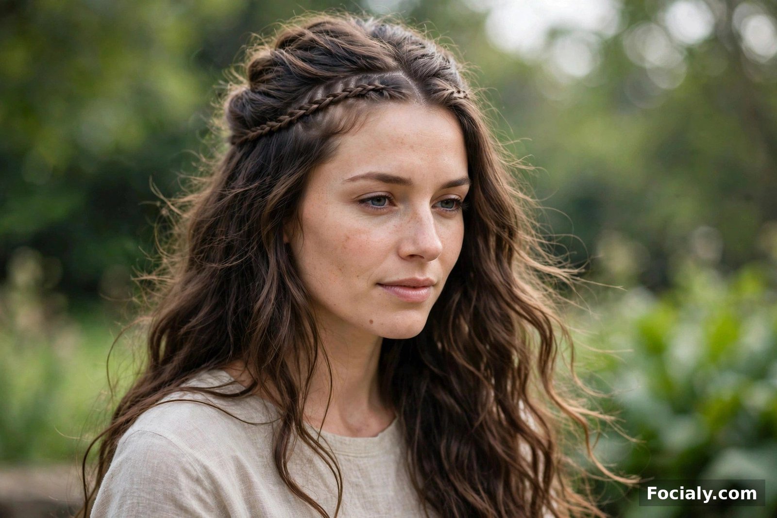 A small braid worn like a headband across the hairline with long wavy hair down