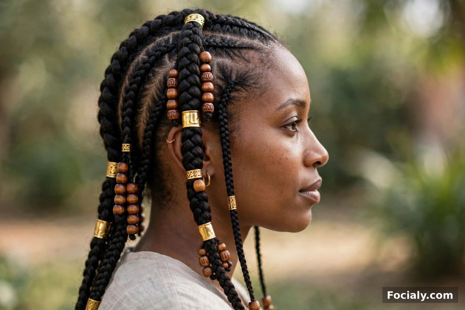 Fulani-style cornrows with a center braid decorated with wooden beads, side view