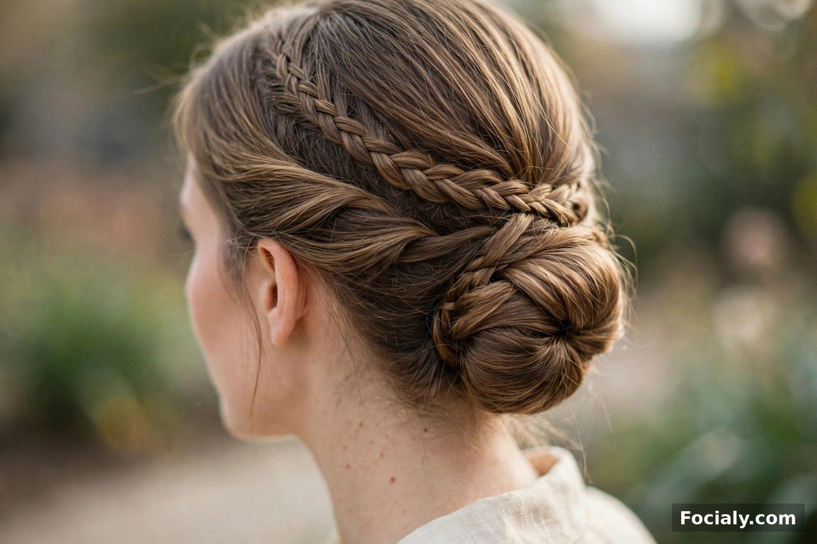 A lace braid sweeping into an elegant low bun at the nape, side-back view