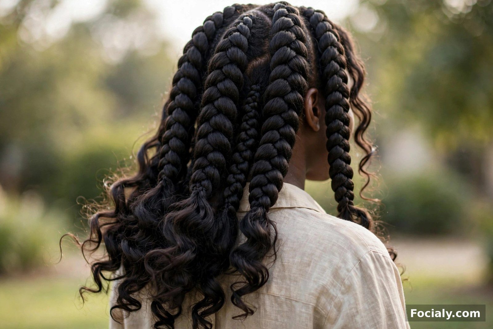 Large jumbo goddess box braids with curly ends on a Black woman, back view