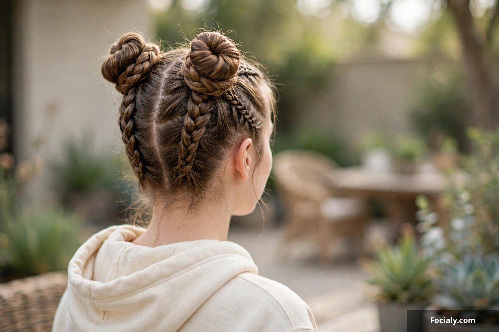 Two high braided space buns on top of the head, playful style, back view