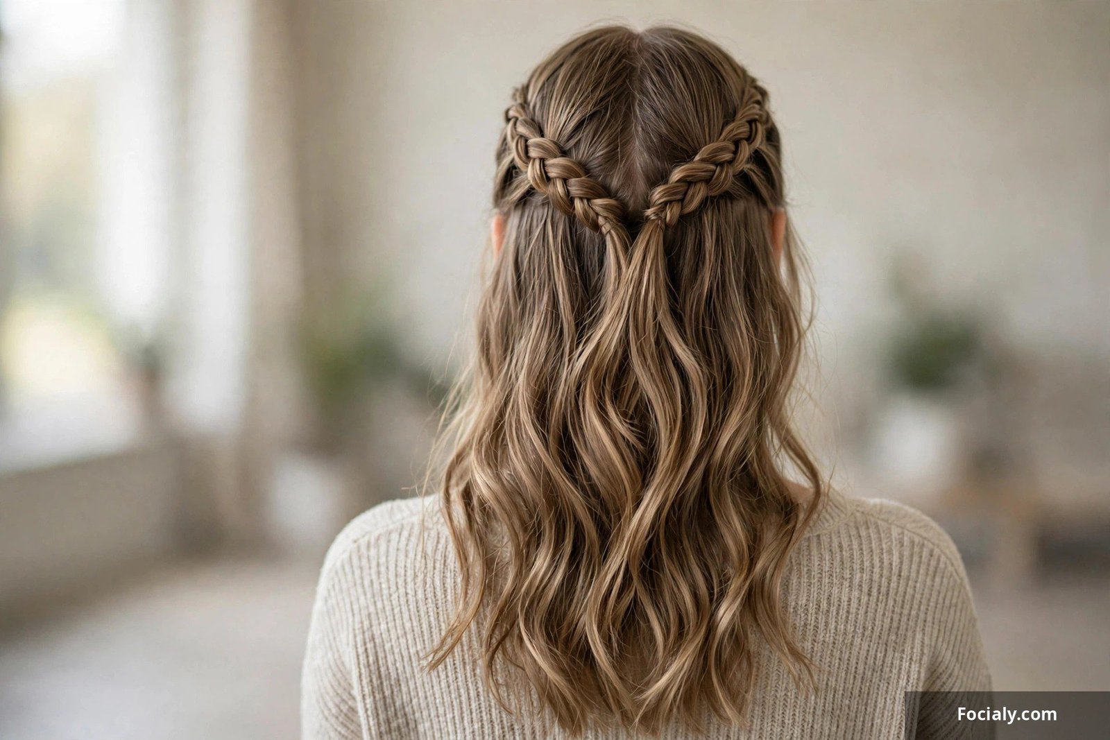Two small Dutch braids from the temples joining into loose wavy hair, back view