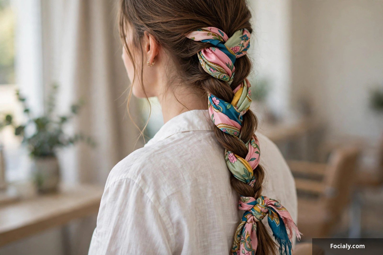 A three-strand braid woven with a colorful silk scarf on long hair