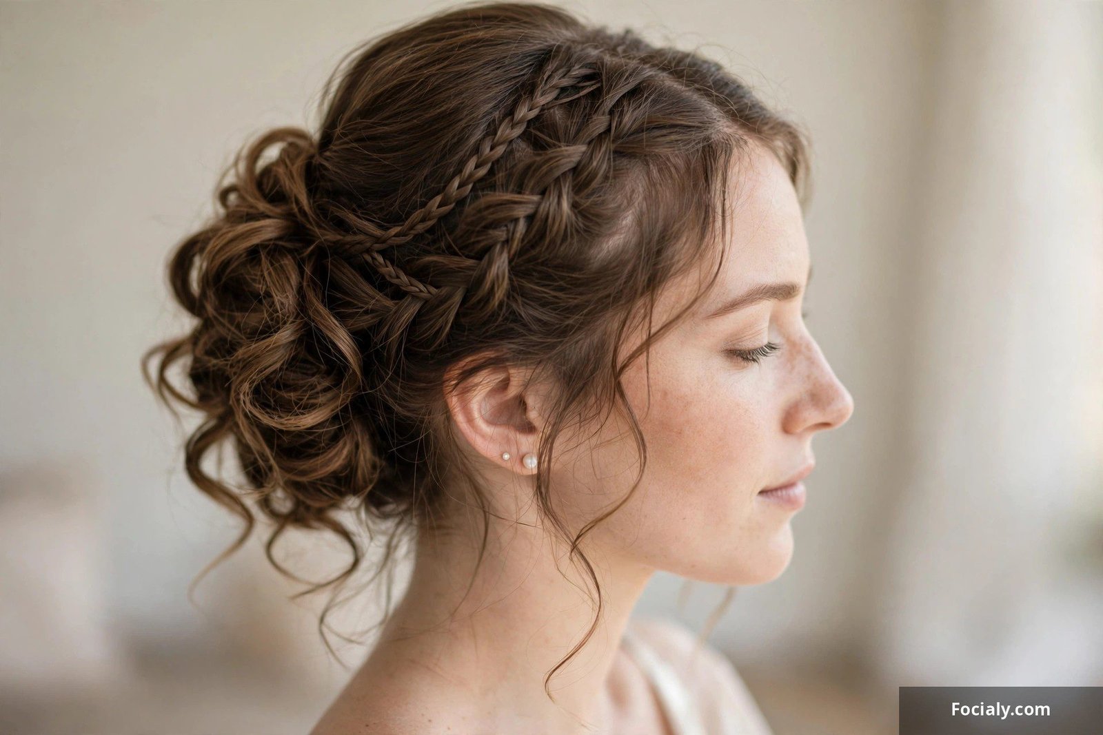 An elegant bridal updo with woven braids and soft curls, side view