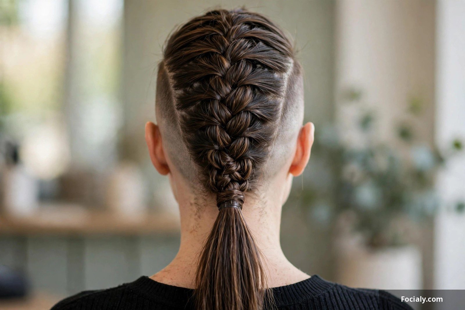 A bold mohawk-style braid running down the center of the head, back view