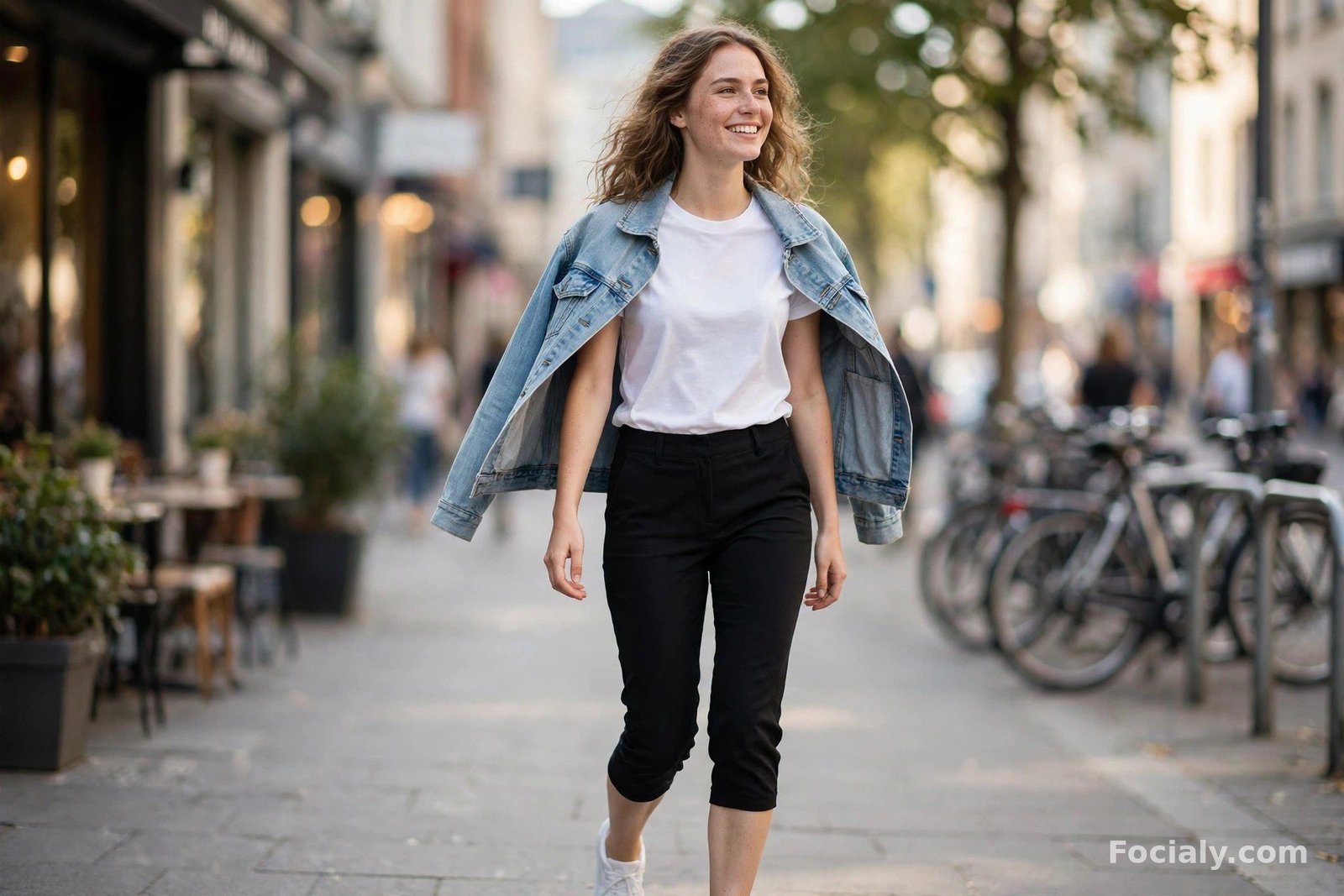 Woman wearing black capri pants with a white t-shirt and white sneakers on a sunny sidewalk