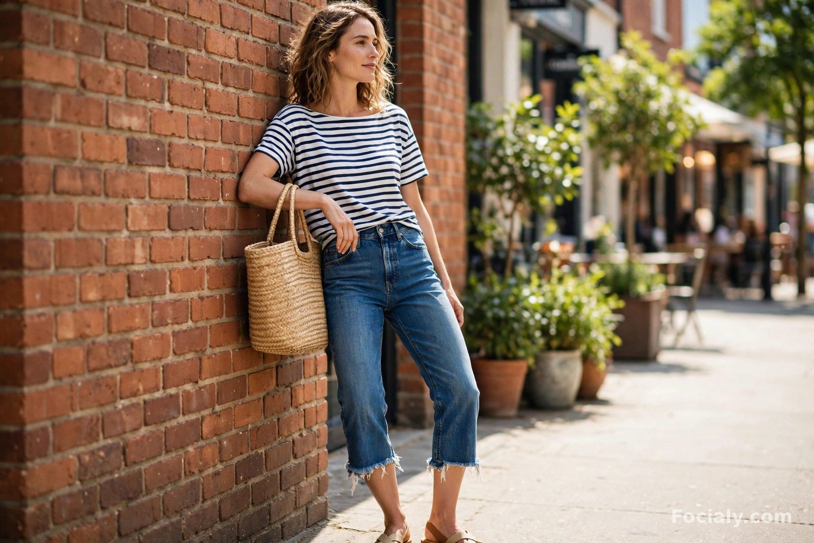 Woman in striped top and frayed denim capri jeans leaning against a brick wall