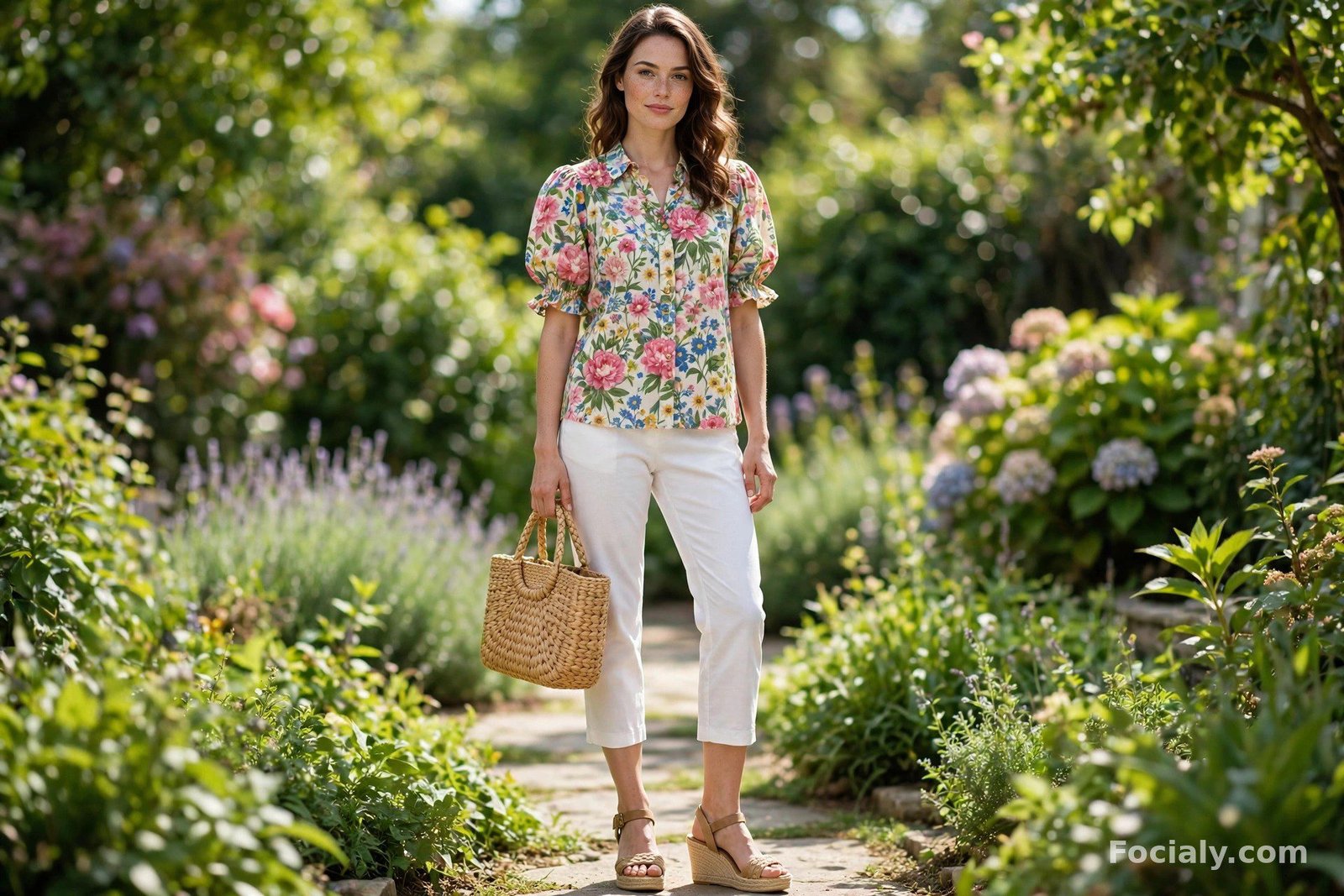 Woman wearing white capri pants and a floral puff-sleeve blouse in a garden