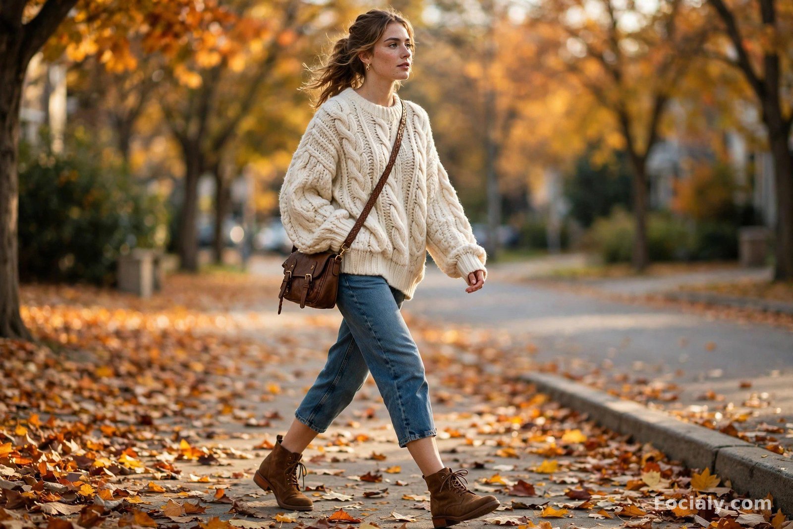 Woman in cropped denim capri jeans and cream chunky knit sweater on an autumn sidewalk