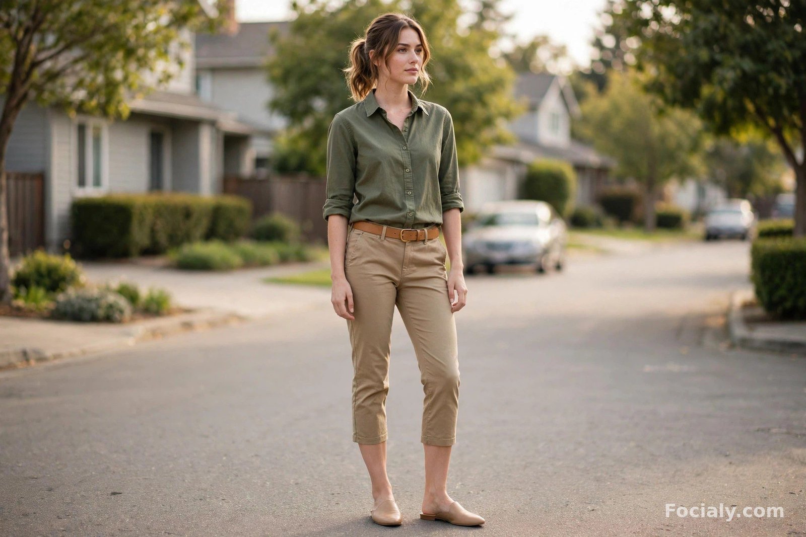 Woman in khaki capri pants and olive green button-up shirt on a residential street