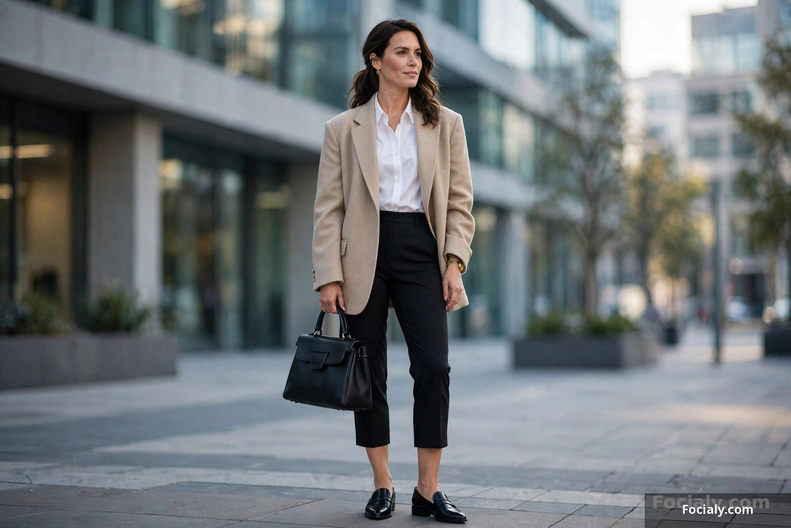 Woman in black capri pants, white shirt and oversized beige blazer outside an office building
