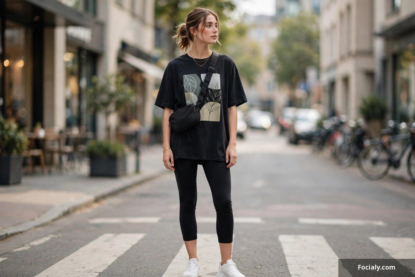 Woman wearing black cropped capri leggings and an oversized graphic tee crossing a city street