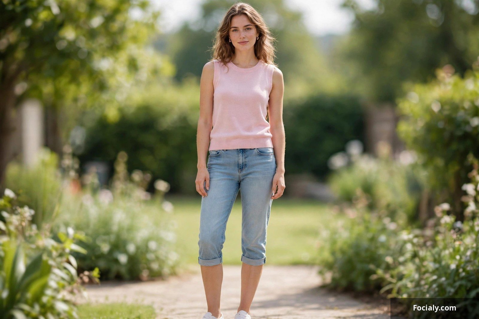 Woman in light-wash denim capri pants and pastel pink sleeveless knit top in a spring park