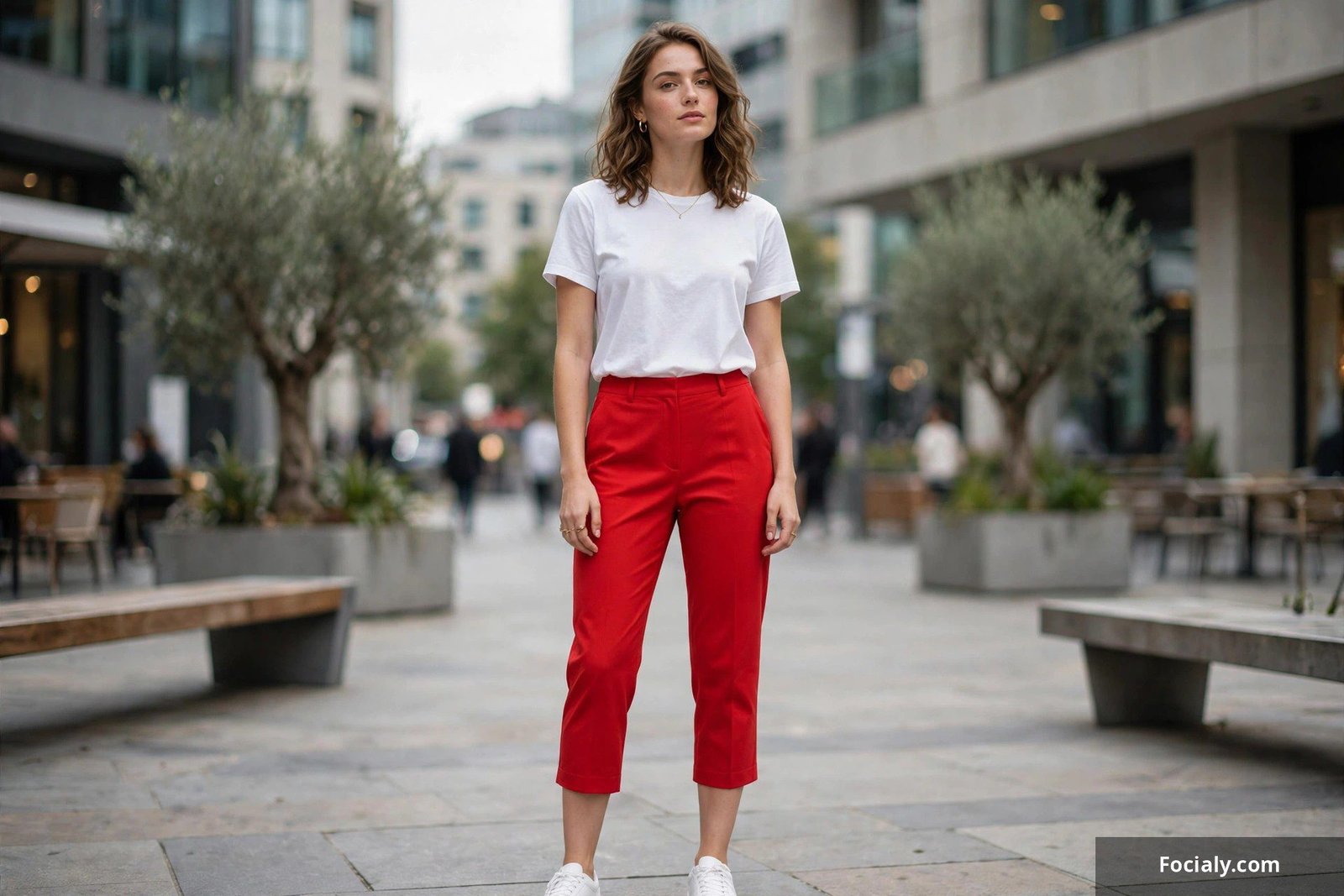 Woman wearing bold red capri trousers and a white t-shirt in a modern plaza