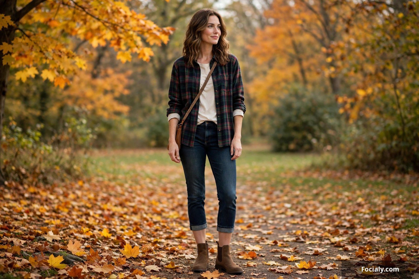 Woman in dark denim capri jeans and plaid flannel shirt among autumn foliage