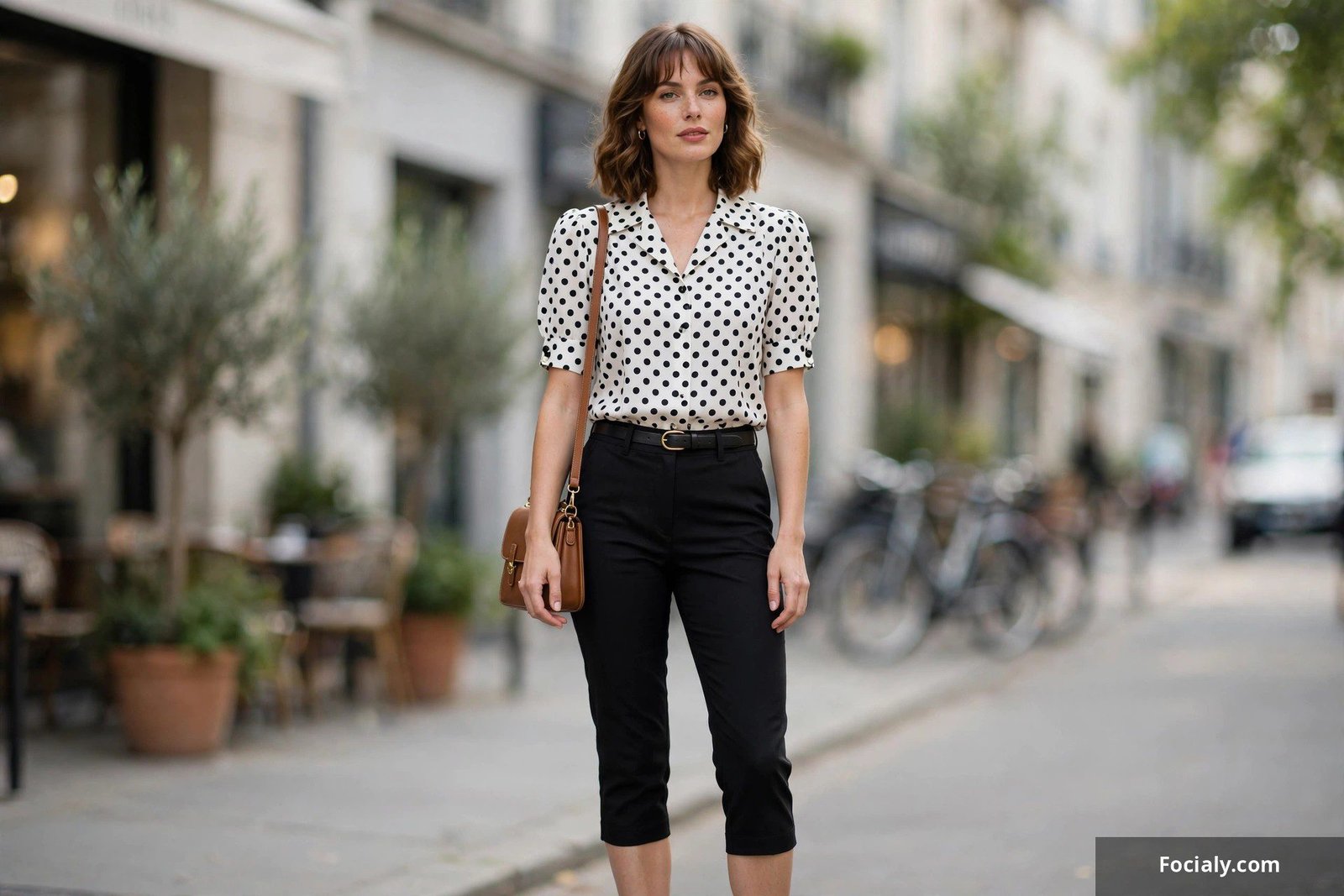 Woman in black capri pants and polka-dot blouse with retro styling