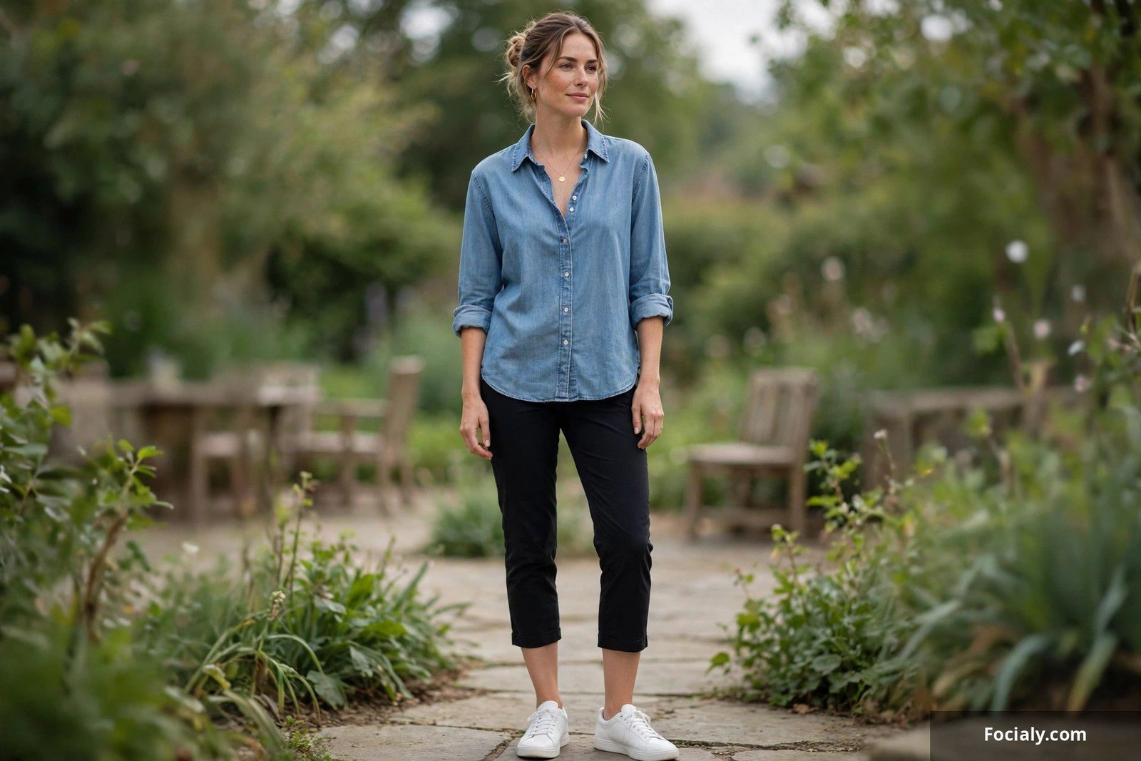 Woman wearing a chambray shirt with black capri pants in a relaxed outdoor setting