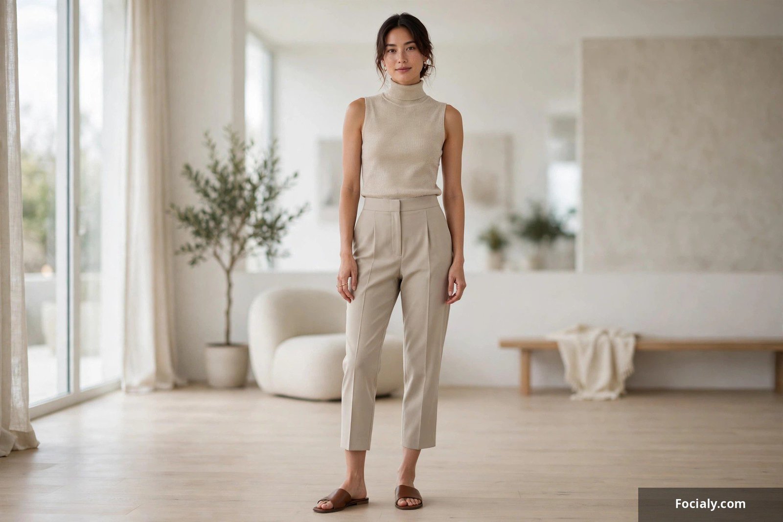 Woman in tailored capri trousers and a sleeveless turtleneck in a minimalist interior