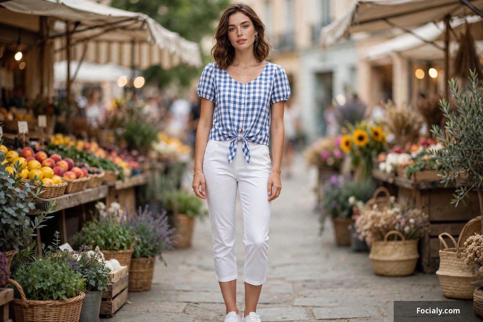 Woman in white capri pants and a gingham check top at an outdoor market