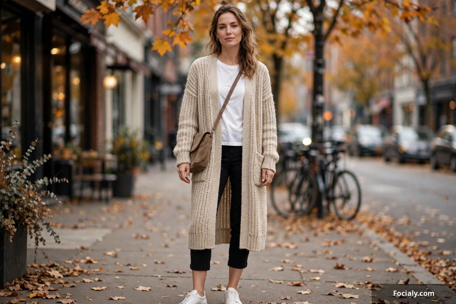 Woman in black capri pants with a longline knit cardigan on a fall street