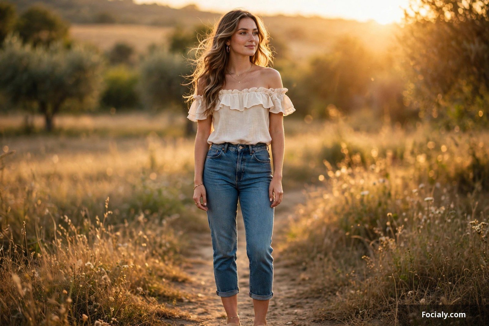 Woman wearing an off-shoulder top and high-waisted capri jeans at golden hour