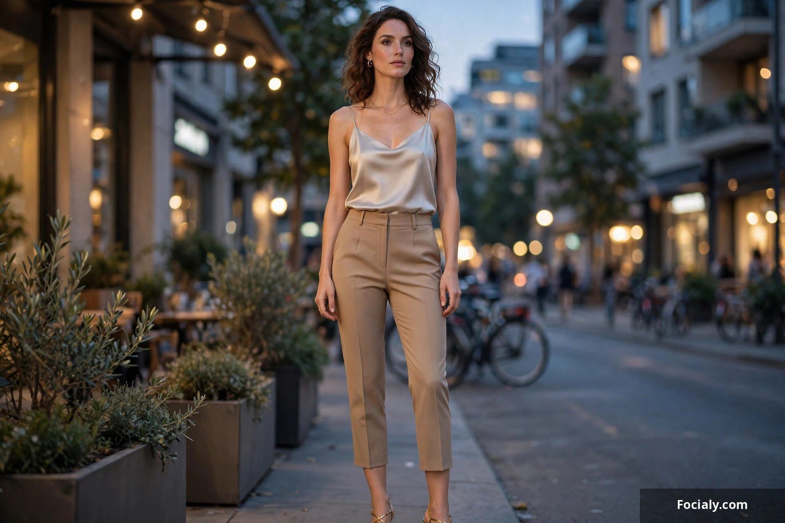 Woman in tailored capri trousers and a silk camisole in an evening setting
