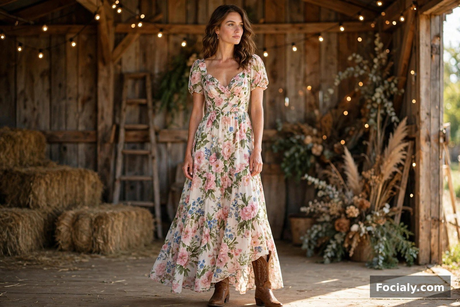 Floral Maxi Dress + Classic Cowboy Boots - country chic wedding guest outfit idea