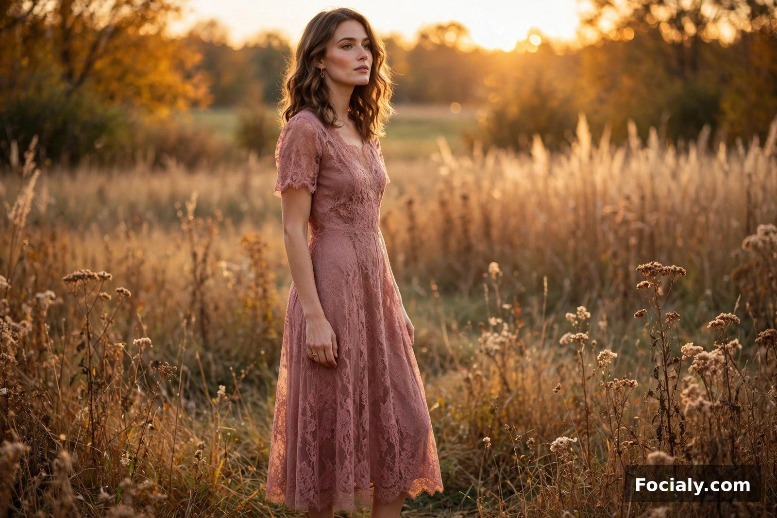 Dusty Rose Lace Midi Dress - country chic wedding guest outfit idea