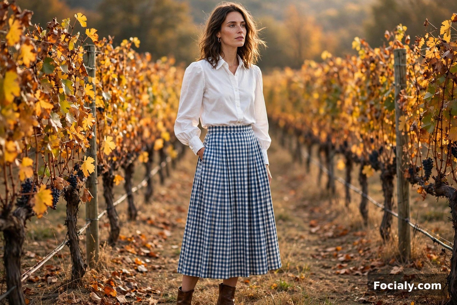 Gingham Midi Skirt + Crisp White Blouse - country chic wedding guest outfit idea
