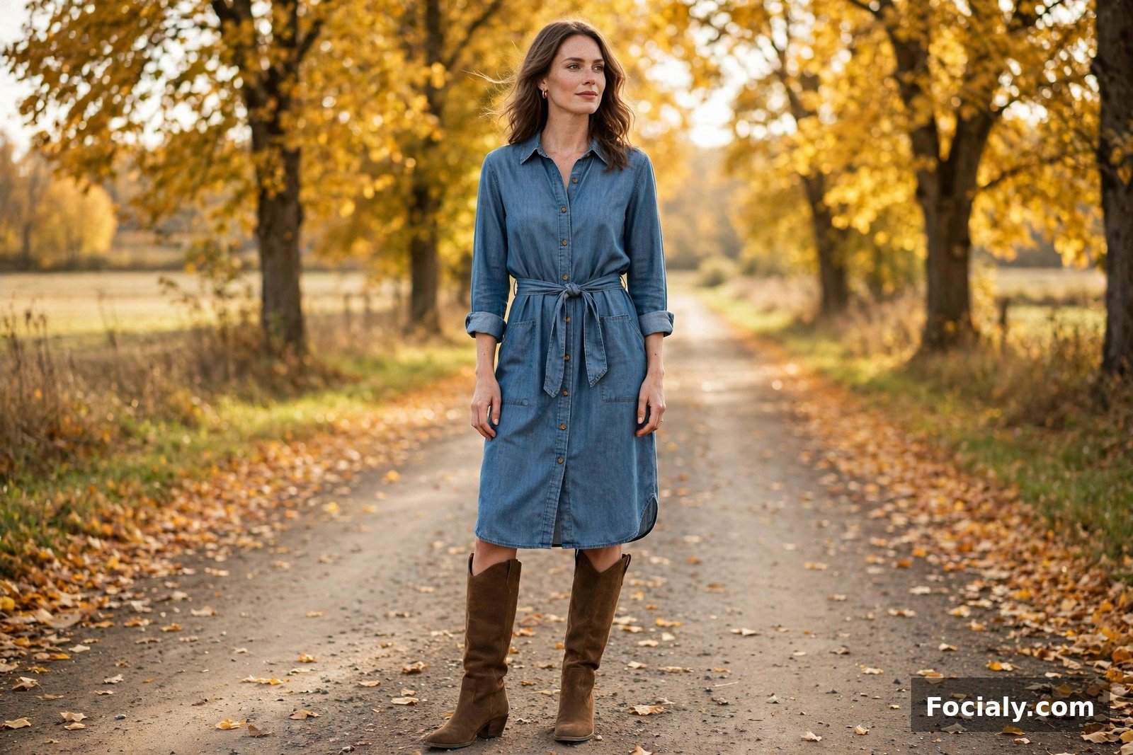 Chambray Shirt Dress + Brown Knee Boots - country chic wedding guest outfit idea