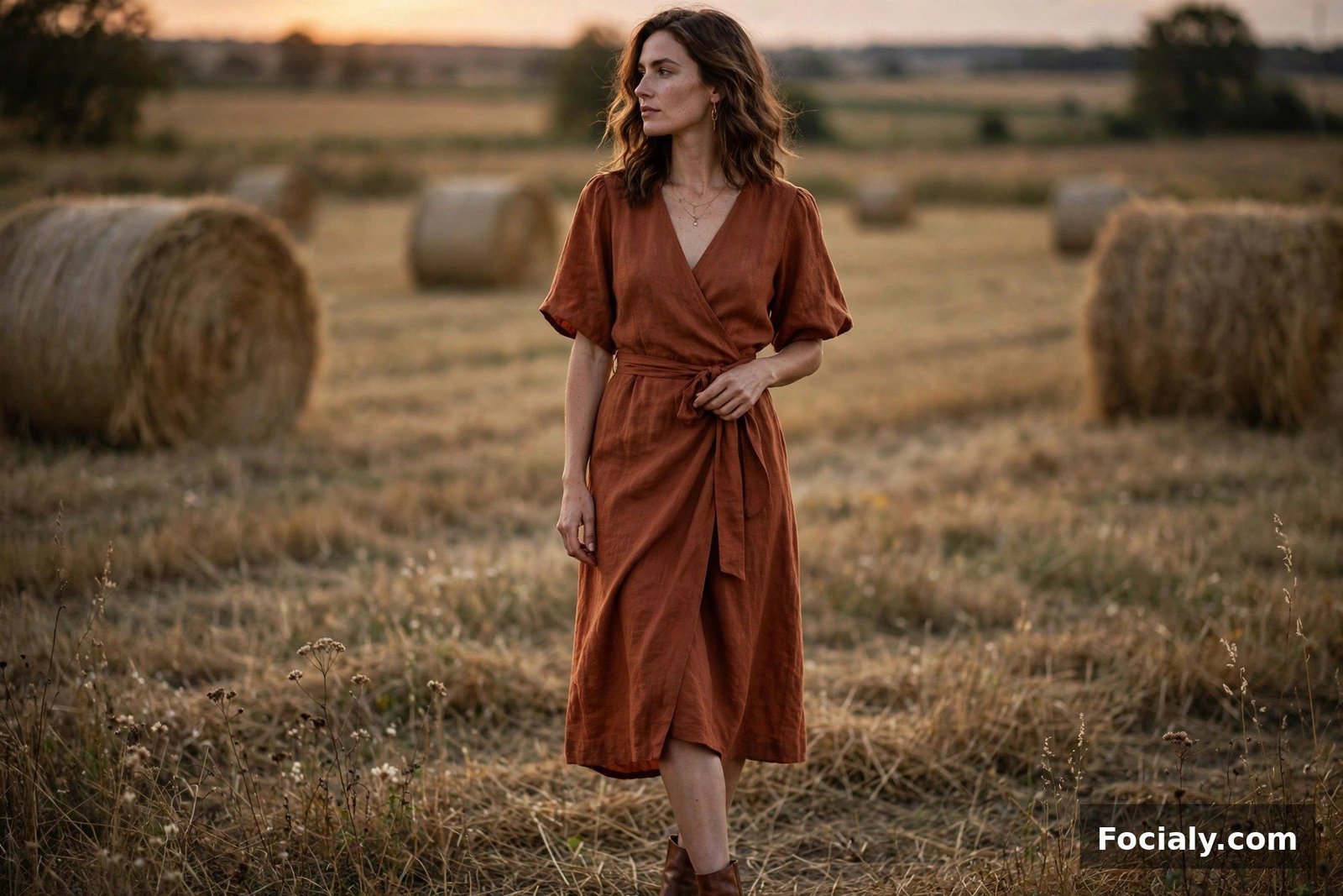 Rust-Colored Wrap Dress - country chic wedding guest outfit idea