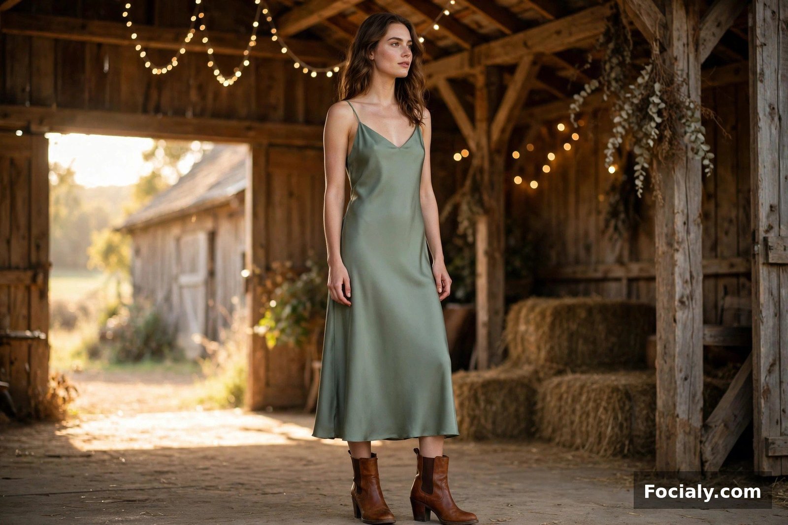 Sage Green Slip Dress + Boots - country chic wedding guest outfit idea