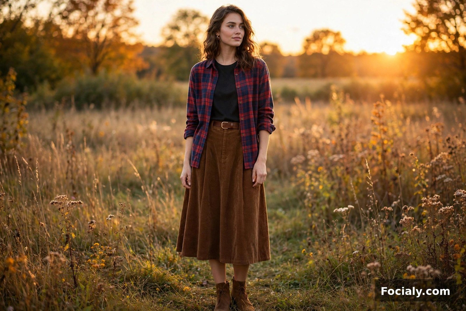 Plaid Flannel + Corduroy Midi Skirt - country chic wedding guest outfit idea