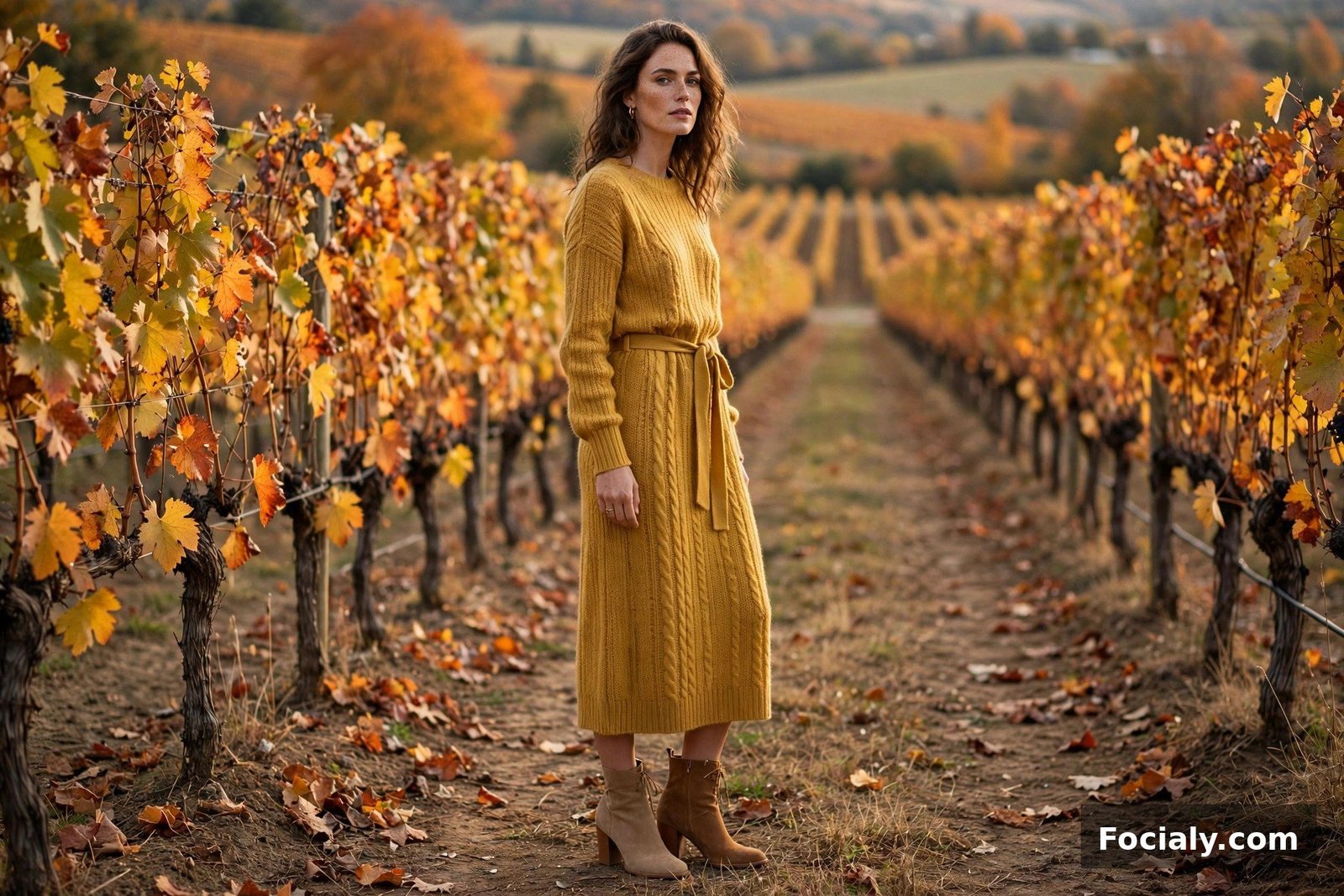 Mustard Knit Dress + Tan Ankle Boots - country chic wedding guest outfit idea