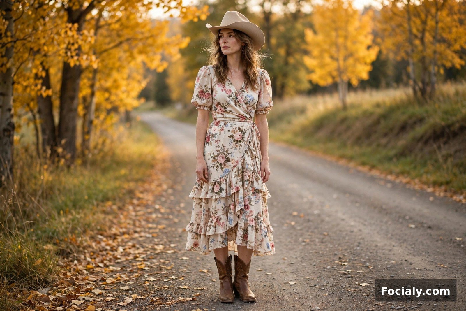 Cowboy Hat + Floral Tea Dress - country chic wedding guest outfit idea