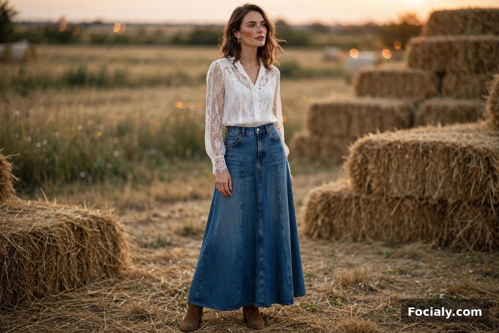 Denim Maxi Skirt + Lace Blouse - country chic wedding guest outfit idea