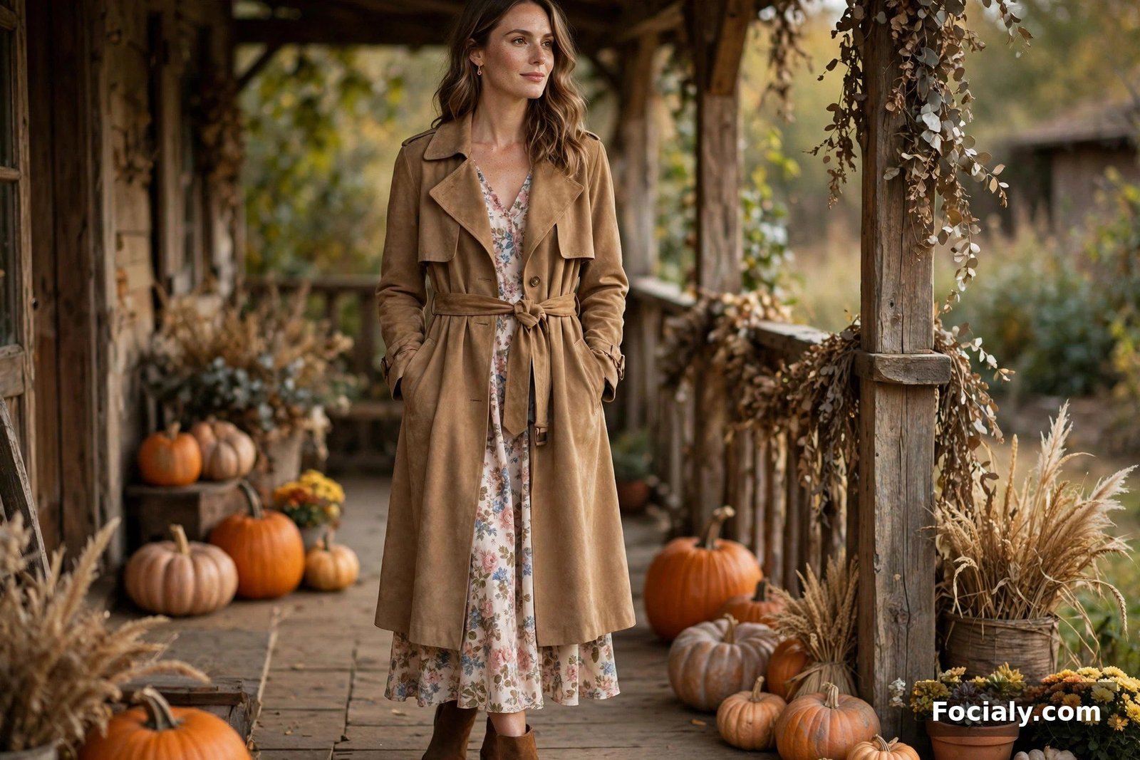 Tan Suede Trench + Floral Midi Dress - country chic wedding guest outfit idea