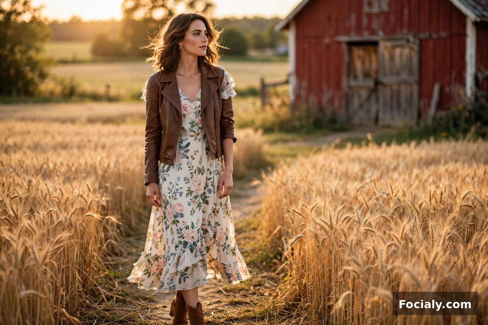Brown Leather Jacket + Floral Midi Dress - country chic wedding guest outfit idea