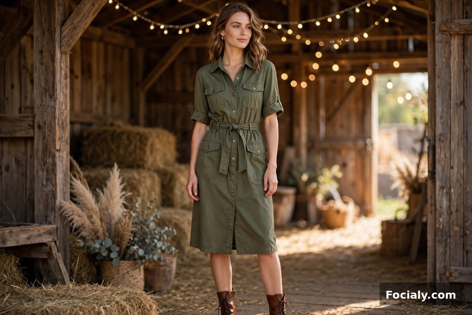 Olive Utility Dress + Brown Boots - country chic wedding guest outfit idea