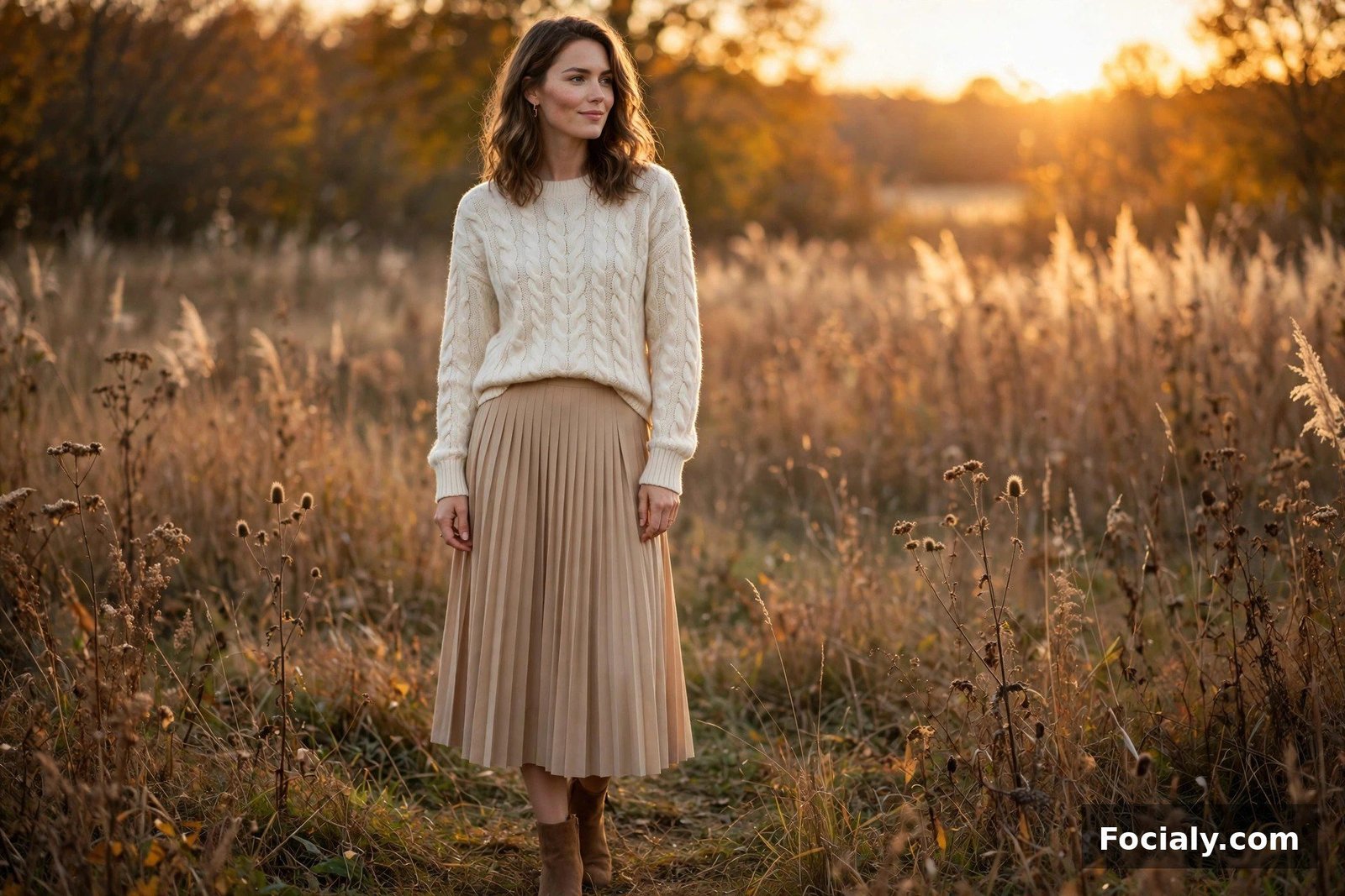 Cream Cable-Knit Sweater + Pleated Midi Skirt - country chic wedding guest outfit idea