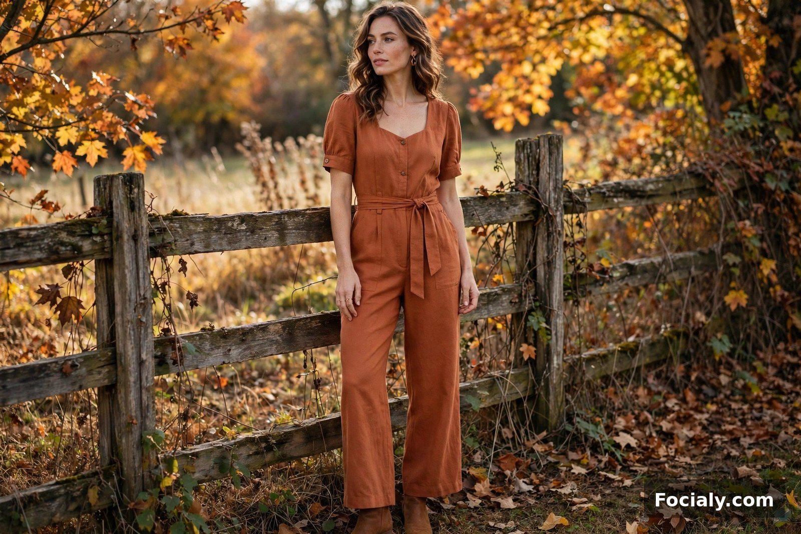 Terracotta Jumpsuit - country chic wedding guest outfit idea