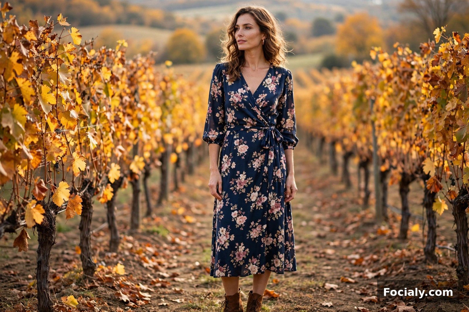 Navy Floral Wrap Dress - country chic wedding guest outfit idea