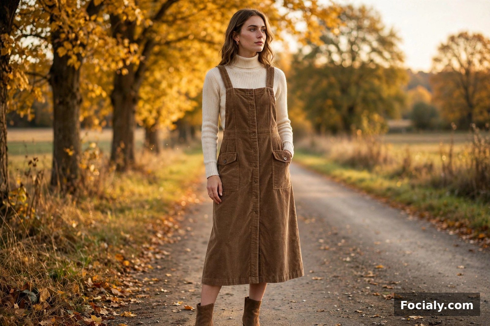 Corduroy Pinafore + Turtleneck - country chic wedding guest outfit idea